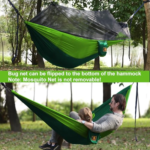 Camping Hammock with Net,Travel Portable Lightweight Hammocks with Tree Straps and Solid D-Shape Carabiners,Parachute Nylon Hammock for Outsides Backpacking Beach Backyard Patio Hiking - color: Dark Green & Green, size: Large