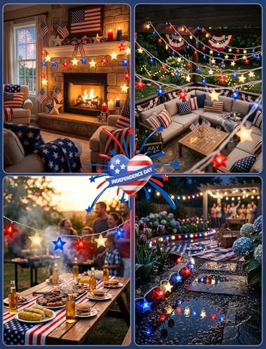 Red White Blue Stars String Lights, 8.5Ft 4th of July Decorations Lights with 10 Red White Blue Lights, Plug in Stars String Lights Outdoor for Independence Day Memorial Patriotic Party Gift Decor - color: 10 Lights Star Red White Blue