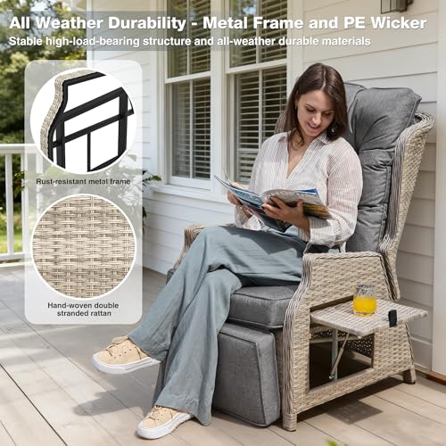 Outdoor Recliner with Adjustable Back and Footrest, Patio Recliner with Flip Table Wicker Reclining Lounge Chair, Grey with Beige Wicker - color: Grey With Beige Wicker, size: 1PCS