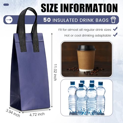 50 Pcs Navy Blue Insulated Single Cup Drink Carrier Bags Bulk Thermal Insulation Take Away Bags Portable Takeout Coffee Carrier Reusable Carriers with Handle for Hot Cold Beverage - color: Navy Blue