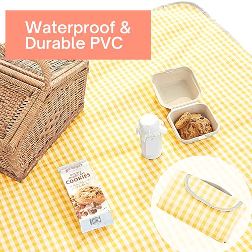 Cute Gingham Picnic Blanket, Waterproof Foldable, in Large 80x60in and Extra Large 80x80in, Portable Compact Beach Blanket, Oversized XL Outdoor Mat (Yellow, X-Large) - color: Yellow, size: X-Large