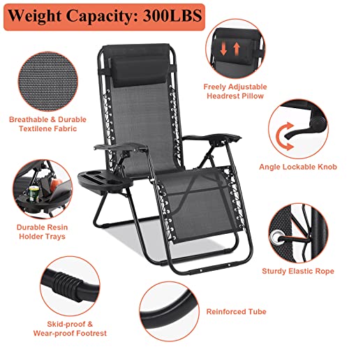 Zero Gravity Chair Set of 2, Folding Lounge Chair Adjustable Reclining Chair Camping Lawn Chair w/Pillow and Cup Holder Tray, Folding Chair Outdoor Chair - Comfortable & Breathable, Black - size: 2 Piece