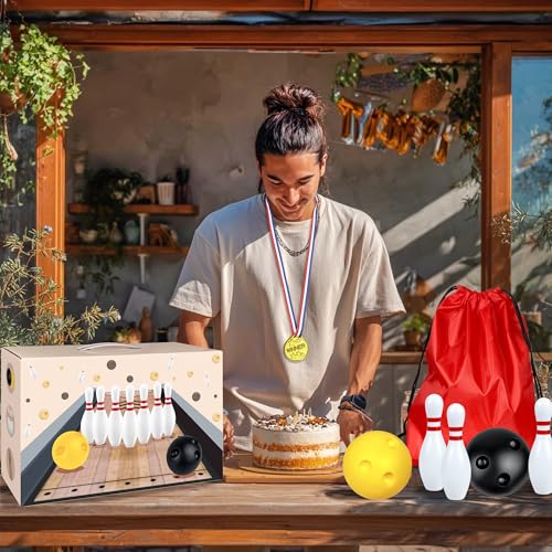 Mini Bowling Set Indoor Outdoor Indoor Bowling Set with Guide Arrow Mat Gold and Silver Medal Backpack Dispensing - color: White