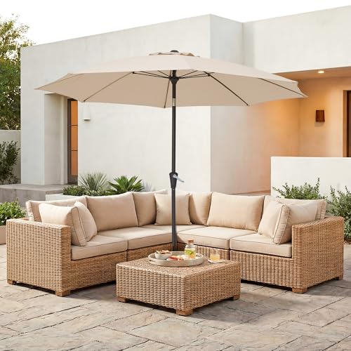 JEAREY 9FT Outdoor Patio Umbrella,Market Table Umbrella with 8 Fiberglass Ribs, Pool Umbrella with Tilt and Crank, UV Protection Lightweight & Wind-Resistant for Lawn, Garden, Deck and Backyard, Beige - color: Beige