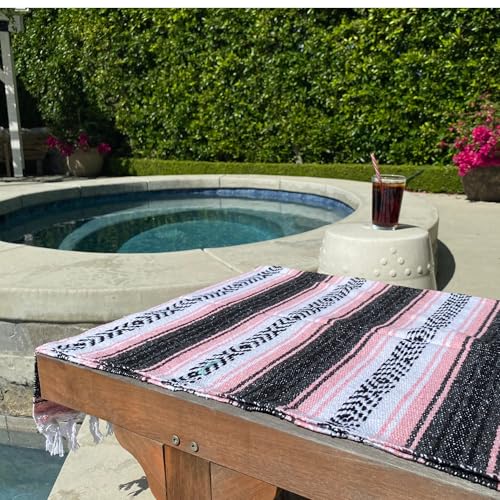 Del Mex Classic Mexican Blanket, Large Authentic Woven Falsa Throw (70"x50"), Artisan Southwest Décor for Beach, Yoga, Outdoors (Pink) - color: Pink