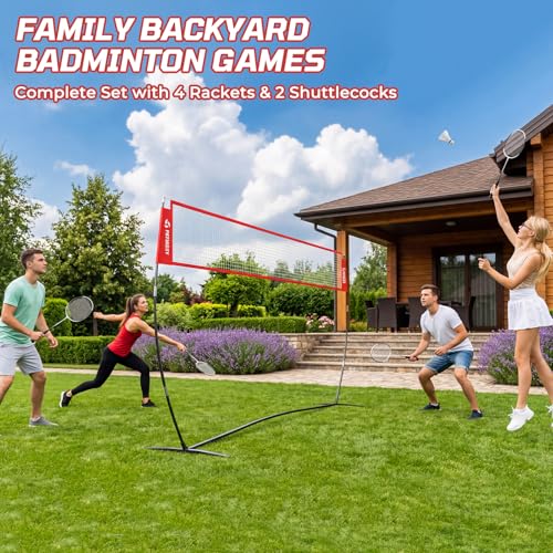 Volleyball Badminton Net Set Combo, 14FT Portable Net System with 5.1FT–8FT Adjustable Height, Backyard Outdoor Game Set with 4 Aluminum Rackets, 3 Shuttlecocks for Lawn Beach Indoor Outdoor Play
