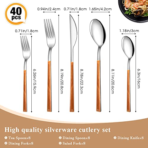 Coume 40 Pcs Wood Handle Silverware Set Stainless Steel Cutlery Set with Imitation Wood Grain Handle Silver Mirror Polished Dishwasher Safe for Household Kitchen Utensil Restaurant Hotel Party
