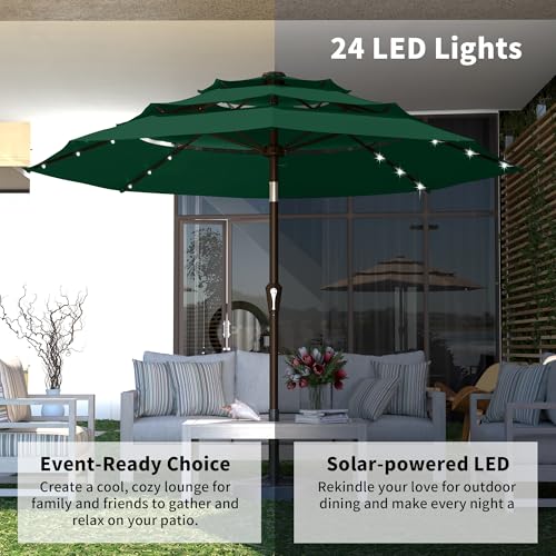 Kingdura 9ft 3-Tier Patio Umbrella with Solar Lights, Table Umbrella Outdoor Patio with Easy Crank & Tilt, 8 Sturdy Ribs, UV Protection, 32 LED Lights for Deck, Poolside, Market (Dark green) - color: Dark green-LED, size: 9 FT