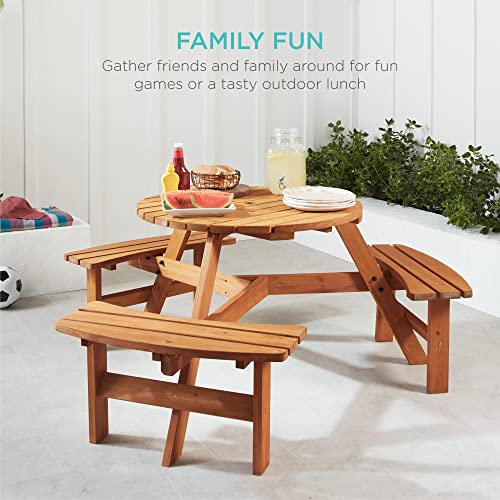 Best Choice Products 6-Person Circular Outdoor Wooden Picnic Table for Patio, Backyard, Garden, DIY w/ 3 Built-in Benches, 500lb Capacity - Natural - color: Natural