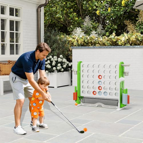 Costzon Giant 4-in-A-Row Connect Game, Height Adjustable 4-in-1 Jumbo 4-to-Score Yard Game with Golf, Ring Toss, Basketball, Cup Holder & Mesh Net, Indoor Outdoor Game for Kids Adults Family Party - color: White/Green