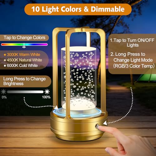 Portable Table Lamp for Outdoor Indoor: Cordless Rechargeable Desk Lamp with 10 Colors - Shower Lamp with Stepless Dimmable - Metal Battery Operated Lantern Light for Bedroom/Bar/Coffee Shop/Camping - color: Gold Bubble+RGB
