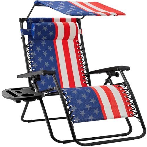 Best Choice Products 30” Wide Folding Zero Gravity Outdoor Recliner Patio Lounge Chair w/Adjustable Canopy Shade, Headrest, Side Accessory Tray - American Flag - color: American Flag, size: Oversized Extra Wide