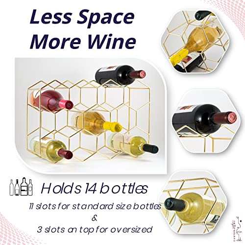 Gusto Nostro Countertop Wine Rack - 14 Bottle Freestanding Modern Gold Metal Small Wine Rack - 3 Tier Tabletop Wine Holder Stand for Cabinet, Pantry, Wine Bottle Storage - No Assembly Required - color: Gold, size: 14 Bottles
