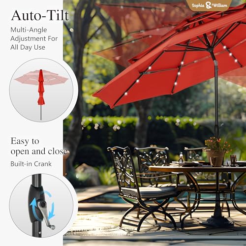 Sophia & William 10ft Patio Umbrellas 3-Tier Umbrella Outdoor Patio Umbrellas with Lights Vented Top 24 LED lights Adjustable Tilt for Pool Garden Backyard, Red - color: Red