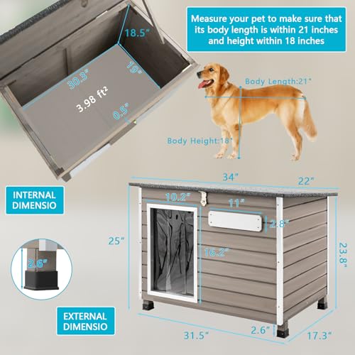 Gowoodhut Dog House Outdoor & Indoor Wooden Dog Kennel for Medium to Large Dogs,34" L Natural Fir Wood Dog Houses with Weatherproof Roof,Removable Floors,Raised Feet - size: 34" L x 22" W x 25" H