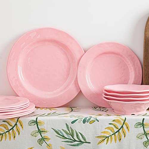 LEHAHA Pink Dishes Melamine Dinnerware Sets, 12 Piece Kitchen Plates and Bowls Dinnerware Sets, Lightweight, BPA free Melamine Dishes for Girls, Valentine's Day, Mother's Day. - color: Pink