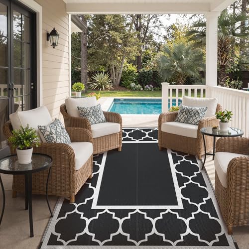 GENIMO 9 ' x 12 ' Outdoor Rug for Patio Clearance, Waterproof Indoor Outdoor Plastic Straw Rugs Carpet, Reversible Outside Area Rv Mat for Camping, Balcony Porch, Deck, Picnic, Beach (Black & White) - color: Black&white, size: 9' x 12' (Rectangular)
