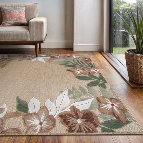 Outdoor Rug 5x7 Washable Area Rugs Indoor Outdoor Carpets Beige Border Floral Non Shedding Waterproof Easy Clean Patio Deck Porch Living Room Bedroom Garden RV (5 X 7 Beige) - color: 1-beige, size: 5' x 7' (Rectangular)