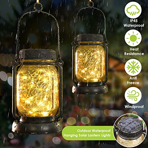 Mlambert 4 Pack Solar Hanging Lantern with Stakes, Outdoor Waterproof Solar Mason Jar Fairy String Lights Decorative Vintage Glass Lamp-Warm White - color: Warm White