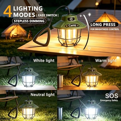 Camping Lantern Rechargeable, Camping Lantern 1200LM 3 Brightness, Adjustable Brightness, Portable LED Camping Tent Light, Rustic Lantern Decor, Camping Tent Lamp, Camping Essentials for Home - style: Green