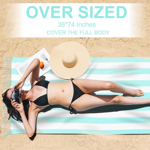 Genovega 6 Oversized Cotton Turkish Beach Bath Towel Set Bulk 74"x38" Extra Large Sand Free Quick Dry Swimming Camping Pool Clearance Towels Blanket Essentials Adult Multi Stripe - color: Orange Lightblue Grey Yellow Purple Lightgreen