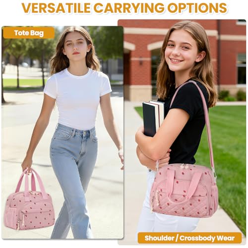 ELONGRIVER Corduroy Insulated Lunch Bag for Women Teen Girls, Portable Adult Lunch Box, Reusable Tote Cooler Bags, Lightweight Womens Lunch Bags with Front Pockets Work Picnic Travel, Pink Strawberry - color: Pink Strawberry
