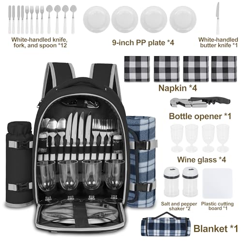 Picnic Backpack for 4 Persons with Insulated Leakproof Cooler Compartment, Cutlery Sets, Wine Holder, Fleece Blanket, Wedding Gifts for Couples, Perfect for Beach, Camping, Hiking, Black - color: Black
