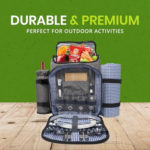 Nature Gear Picnic Backpack for 4, Insulated Picnic Set with Dinnerware, Wine Cooler, Blanket & Cutlery Service, Waterproof Outdoor Bag for Beach, Camping, Travel & Park, Blue - color: Blue