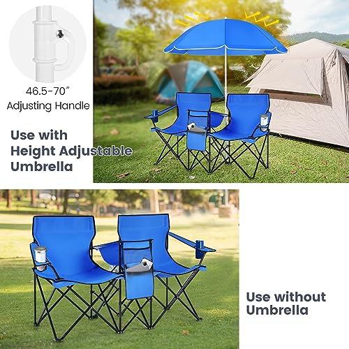 Double Camping Chair, 2-Person Portable Beach Chair w/Removable Umbrella, Cup Holders & Carrying Bag, Folding Loveseat Chairs for Adults Outdoor Picnic (Blue) - color: Blue