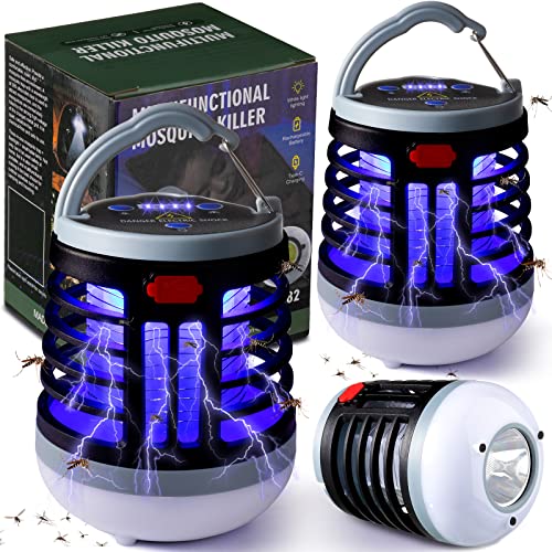 2 Pack 3 in 1 Bug Zapper USB Rechargeable Mosquito Killer Portable Waterproof Mosquito Repellent Outdoor Indoor LED Lantern Bug Zapper Camp Light SOS Emergency Light for Home, Backyard (2, Black) - color: Black