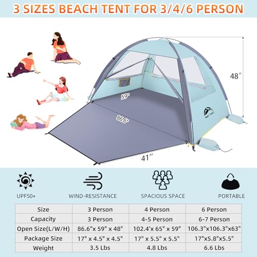 Happy Travel Beach Tent, UPF 50+ UV Protection Sun Shade Shelter for 3/4/5/6/7/8 Person, Portable Beach Canopy for Family & Baby, Lightweight & Easy Setup Beach Cabana with 3 Ventilation Mesh Windows - color: Baby Blue, size: 3 Person