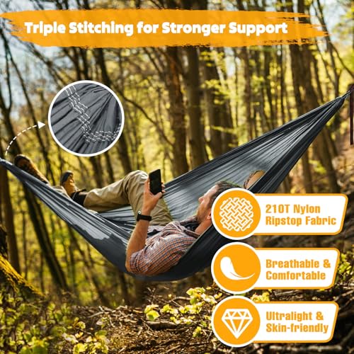 NATUREFUN Ultra-Light Travel Camping Hammock | 300kg Load Capacity,Breathable,Quick-Drying | 2 x Premium Carabiners,2 x Nylon Slings Included | Outdoor Indoor Garden - color: Grey, size: 275x140cm