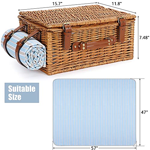 Picnic Basket Set for 2 Persons, Willow Hamper with Large Insulated Cooler Compartment, Waterproof Blanket and Cutlery Service Kit-Classical Brown - color: Light Honey Color for 2 Persons