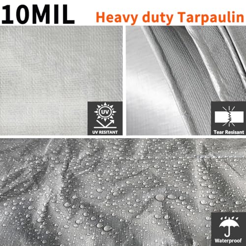 10'x20' Heavy Duty Tarp, 10Mil Silver Waterproof Tarps with Grommets, UV Resistant, Poly Tarpaulin with Reinforced Edges, Cover for Car, Roof, Camping - color: Silver-10mil, size: 10'×20'