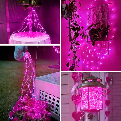 YEGUO 4 Pack Pink Solar Fairy Lights, Each 33ft 100 LED Christmas Lights Outdoor Waterproof, 8 Modes Sliver Wire Solar String Lights - color: Pink