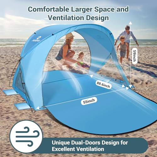 AugFir Beach Tent Sun Shelter, Beach Tent with Beach Mat Set, 4 Person Portable Beach Shade Canopy with UPF 50＋ UV Protection, Dual-Door Ventilation Design, Easy Setup Family Beach Umbrella (Blue) - color: Blue