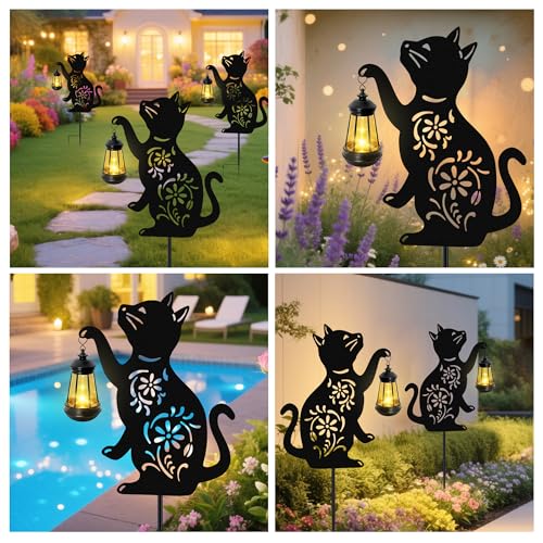 Solar Cat Hanging Lantern Outdoor, 2 Pack Black Cat Solar Lights, Cat Lover Gifts for Women Mom Grandma Birthday Mother's Day, Waterproof Garden Ornaments Decor Outside Backyard Patio Pathway - color: Cat-Warm White-2 Pack