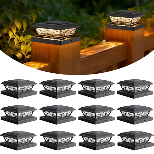 Brightever 4x4 3.5x3.5 Solar Post Cap Lights, 12pack Solar Powered Fence Post Light Outdoor Waterproof for Vinyl/Wooden Post, 2 Modes(Warm/Cool White), Black Solar Deck Post Lights for Patio, Porch - color: Black, size: 12 Pack