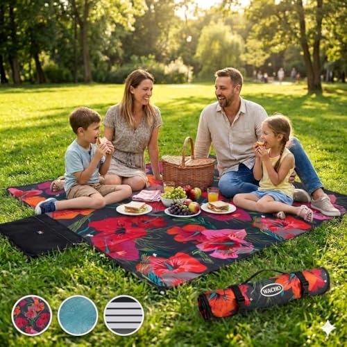 Wacho Beach Blanket Waterproof Sandproof and Picnic Blanket - Large Outdoor Blanket for Camping, Beach & Travel - Foldable Picnic Mat with Carry Bag- Beach Essentials - Hibiscus Floral - color: Red and Dark Blue
