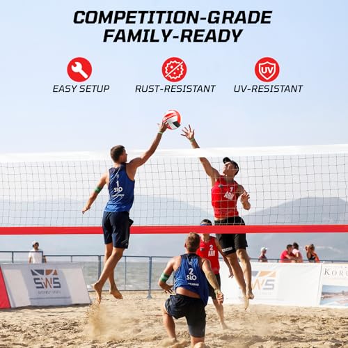 Haokelball Outdoor Volleyball Net Set for Backyard, 32FT Regulation, 3-Level Adjustable Height & Anti-Sag Tension System, Heavy Duty Thick Poles, Includes Volleyball, Pump, Boundary Line and Carry Bag - color: B-Red