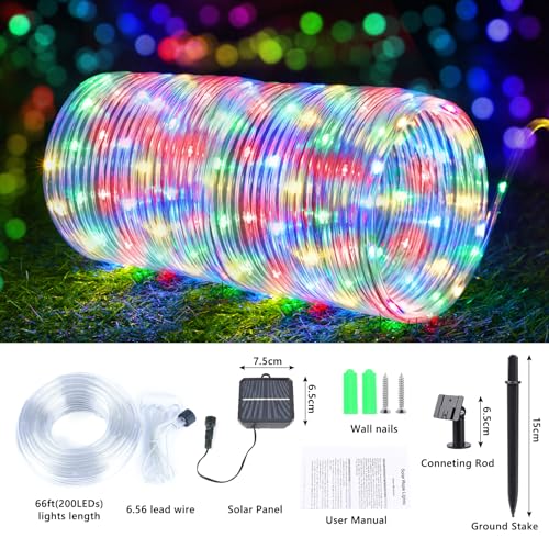 Solar Rope Lights, 2 Packs Total 132ft 400LED Solar String Lights, 8 Modes Waterproof Solar Powered Outdoor Light, Flexible Clear Tube Light for Garden Backyard Patio Deck Pool Tree Decor - Multicolor - color: Multicolor, size: 2*66ft