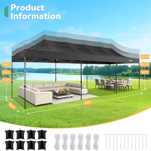 COBIZI 10x30 Heavy Duty Pop Up Canopy Tent with 8 Sidewalls Thicken Frame, Commercial Easy Up Outdoor Wedding Party Tents, All Season Waterproof Windproof with Stakes Sandbags Ropes Roller Bag, Black - color: Black, size: 10x30