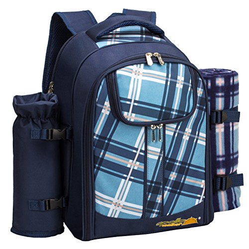 Apollo Walker Picnic Backpack Bag for 2 Person with Cooler Compartment, Detachable Bottle/Wine Holder, Fleece Blanket, Plates and Cutlery (Blue) - color: Blue, size: 2 Person