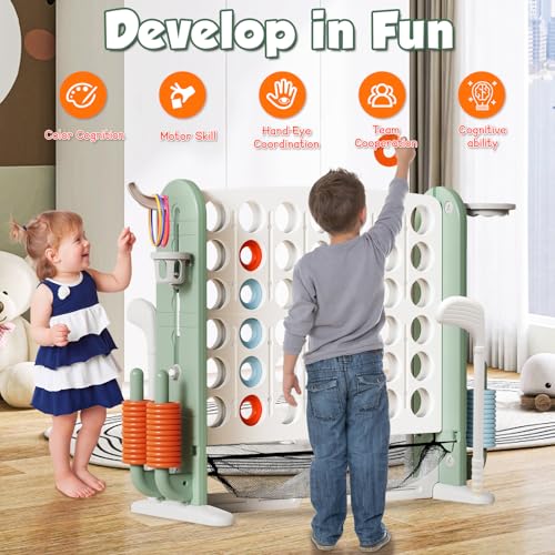 Ancaixin Giant 4 in-A-Row Connect Game Set, Adjustable Height Jumbo Yard Game with Basketball Hoop, Golf, Mesh Pocket & Ring Toss, Indoor Outdoor Family Backyard Party Game for Kids and Adults, White - color: White