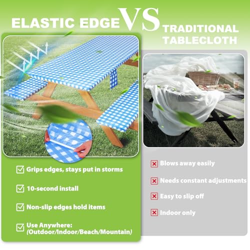 Fitted Picnic Table Cover with Bench Covers Vinyl Waterproof Elastic Edges Fitted Rectangle Tables Patio Tablecloth Camping Gear and Essentials Rv Accessories Road Trip Supplies Car Travel Must Haves - color: Blue Grid, size: 72in