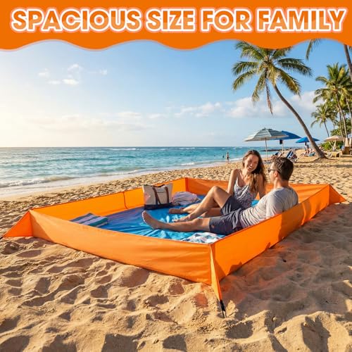 Qunclay Oversize Large Sandproof Beach Blanket 7.2 x 4.6 ft Outdoor Playpen Mat with 3.5" Tall Walls Waterproof Sand Free Picnic Sheet with Stakes & Storage Bag for Family, Beach Camping Essentials