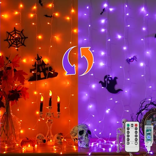 suddus Color Changing Curtain Lights for Halloween, 200 LED 6.5ft x 6.5ft Hanging String Lights with USB, Curtain Fairy Lights Indoor for Bedroom Wall, Party, Porch, Holiday, Purple and Orange - color: Purple & Orange, size: USB-200 LED