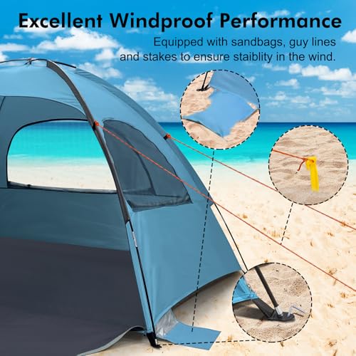 WhiteFang Beach Tent Anti-UV Portable Sun Shade Shelter for 3/4/6/8 Person, Extendable Floor with 3 Ventilating Mesh Windows Plus Carrying Bag, Stakes and Guy Lines - color: Blue, size: 3 person