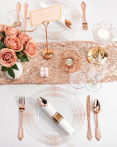 Nervure 350PCS Rose Gold Plastic Plates - Rose Gold Plastic Dinnerware Sets for 50 Guests - 100 Disposable Plates, 150 Silverware, 50 Cups, 50 Napkins Perfect for Wedding & Party & Mothers Day - color: White and Rose Gold