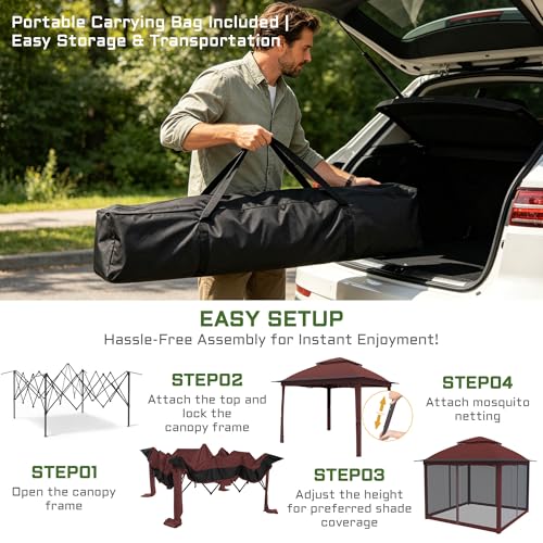 11'X11' Gazebo Pop Up with 4 Sidewalls Mosquito Netting, Heavy Duty Patio Gazebo Canopy Tent with Double Air Roofs for Backyards, Patios, Decks, Gardens, Parks - color: Red Top